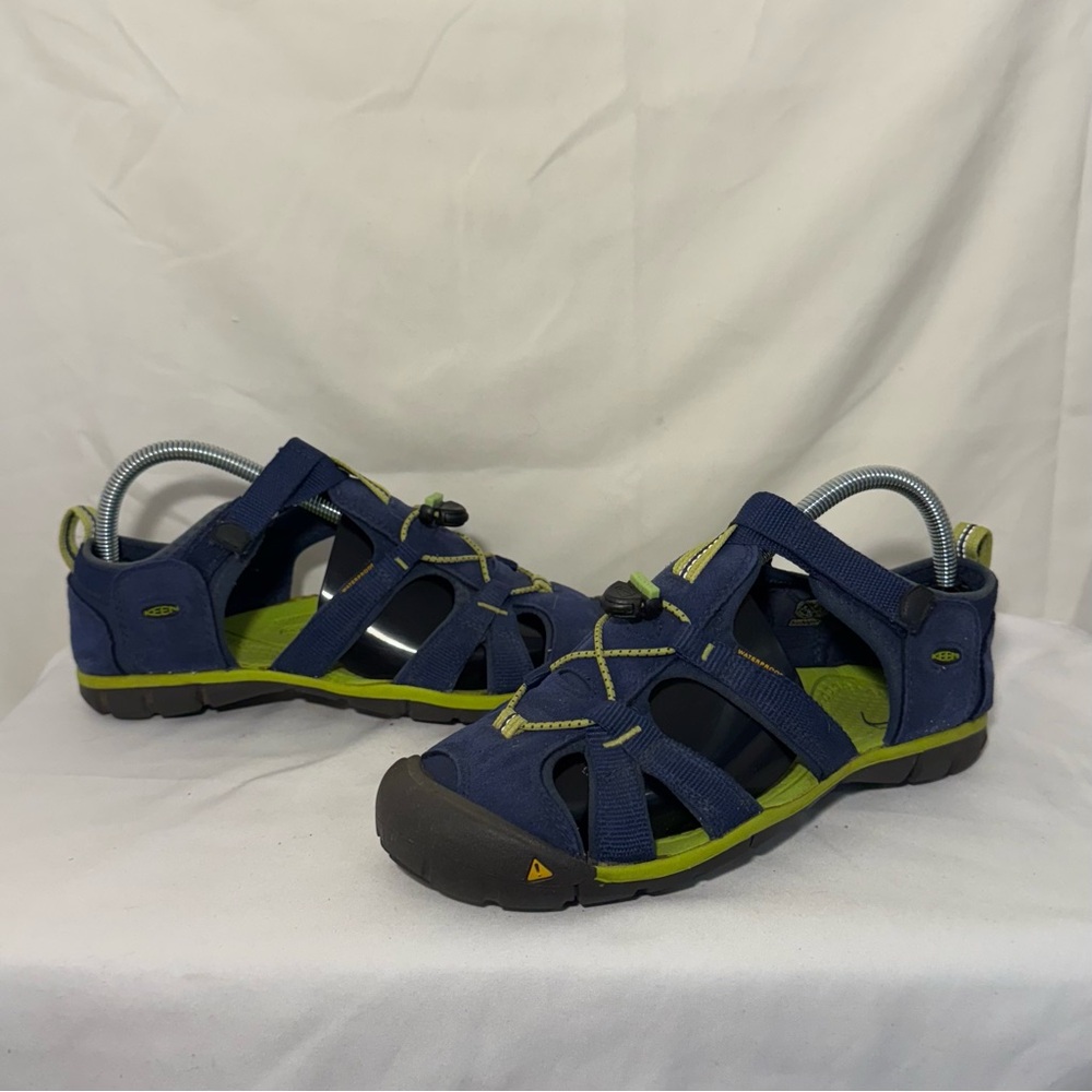Keen Sandals Big Kids 6 Seacamp Blue Lime Green Shoes Hook & Loop Covered Toe‎